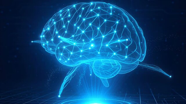 Digital Brain: An artistic digital depiction of the brain illuminates with glowing connections, representing the core of human intellect and technological advancement.