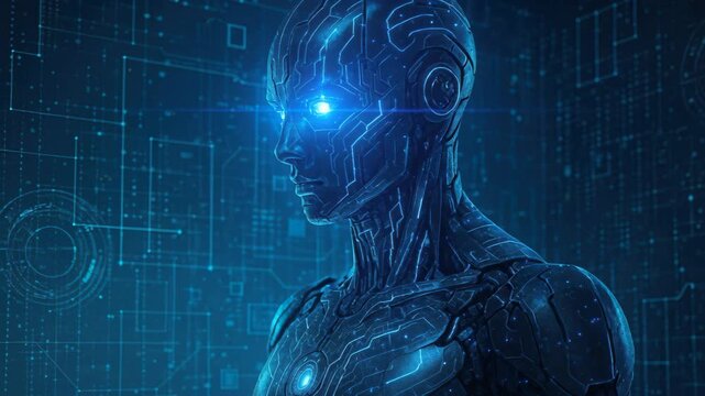 Cybernetic Sentinel: A futuristic cyborg, with glowing eyes and intricate circuits, stands guard in a digital landscape.