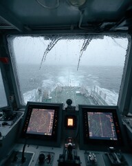 A stormy sea view from the ship's bridge, with rain streaks on the window, and navigation display