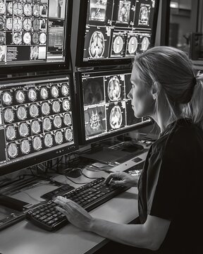 A focused professional examining brain scans on multiple computer screens. The scene evokes a sense of medical expertise and diagnostic analysis
