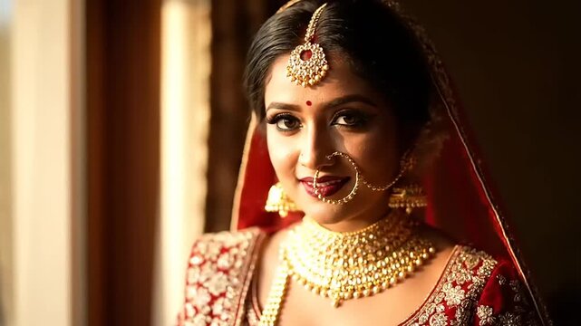 Beautiful Indian Bride in Traditional Wedding Attire and Jewelry.