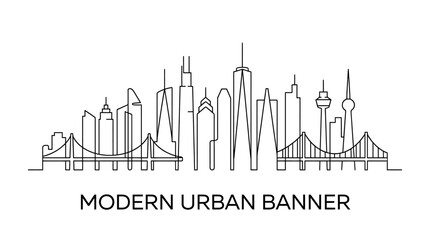 Fototapeta premium Majestic continuous line art illustrating a sprawling modern urban panorama, featuring iconic skyscrapers and intricate bridge designs, symbolizing metropolitan power and innovation