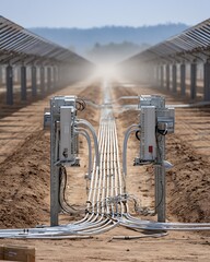 A mesmerizing perspective shot of a solar farm, showcasing a harmonious blend of nature and technology. The endless rows of panels stretch towards the horizon, radiating a sense of renewable energy