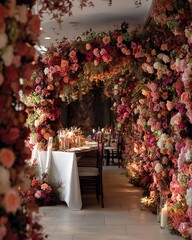 A table decorated with flowers in a room decorated with flowers. Beautiful flowers archway create a romantic, elegant setting for celebration
