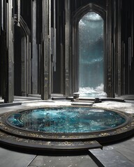 A majestic water fountain and a grand interior of the structure