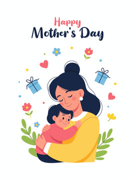 Happy Mother's Day greeting card illustration with a mother hugging her child, isolated on a white background