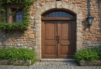Fototapeta premium Traditional Basque stone house with greenery and wooden door, rural, architecture, green