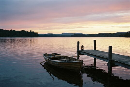 Tranquil Sunset over a Lakeside Pier with a Classic Wooden Rowboat