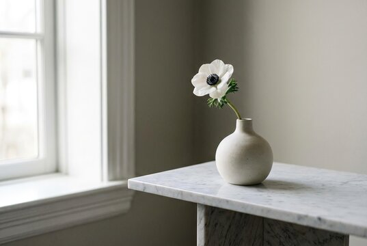 Minimalist Ceramic Vase with Single White Flower on Marble Table
