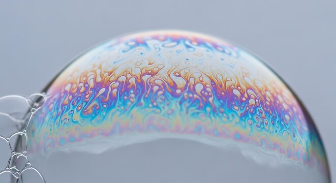 A close-up view of a single soap bubble with iridescent colors on its surface.