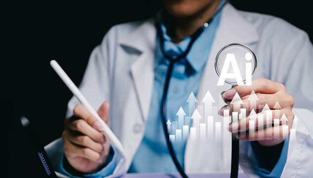 AI healthcare concept, doctor holding stethoscope with artificial intelligence icon and growth chart, medical innovation, data analytics, digital health transformation, future technology