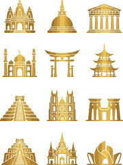Obraz premium Flat lay of various golden architectural icons from around the world on a white background.