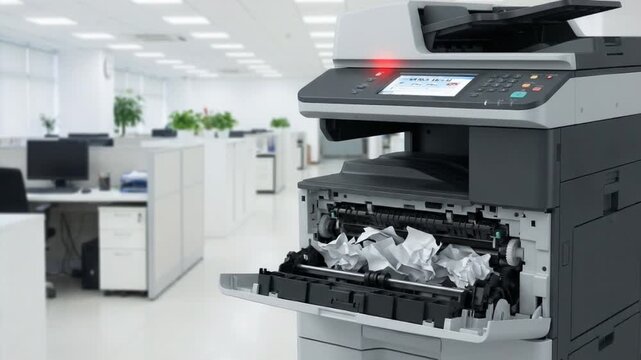 A printer is open and has a paper tray with shredded paper