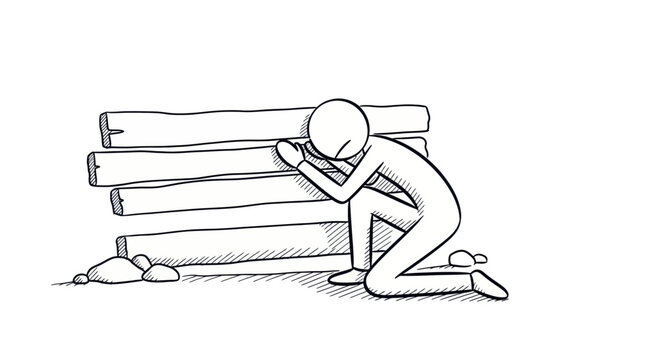 Man Struggling Under Heavy Wooden Beams.