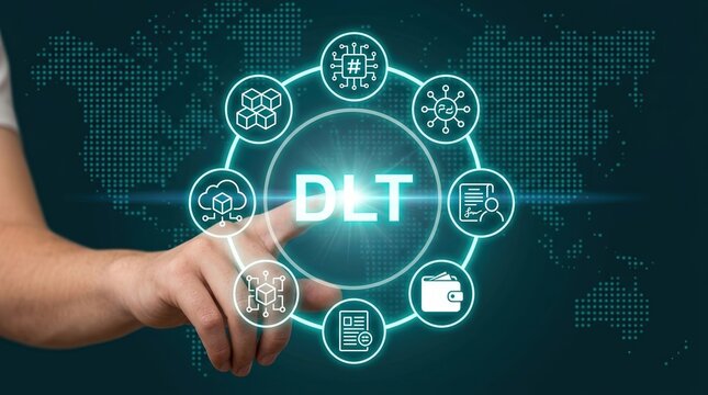 DLT, Distributed Ledger Technology, Blockchain, Fintech, Digital Transformation, Cryptocurrency, Decentralized system concept with man hand interacting with virtual interface icons.