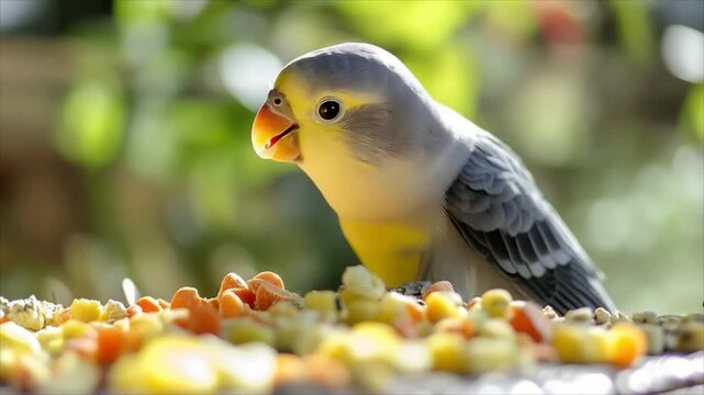 Small bird eating seeds from a feeding tray. Close-up of a colorful parrot feeding in nature. Wildlife behavior and avian nutrition in a garden habitat area.