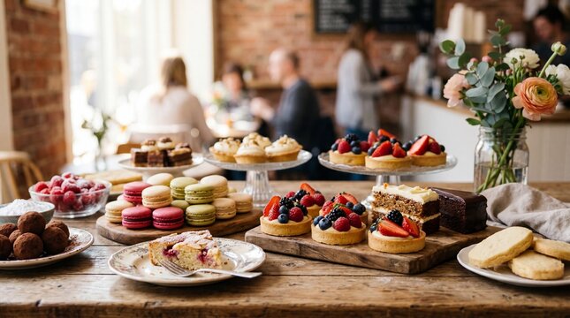 A Delicious Assortment of Desserts and Pastries on a Wooden Table.