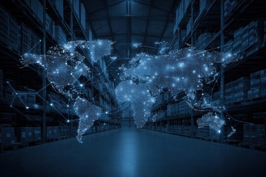 a digital map of the world made up from blue dots connected by lines, in front of a warehouse with pallets and a symmetrical background Generative AI