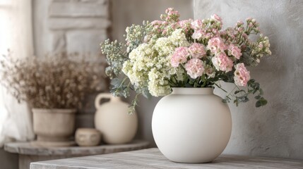 Fototapeta premium Florist Studio Corner Featuring a Bouquet Placed on a Table With Blurred Tools in the Background During Daylight Hours