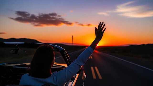 Person In Convertible On Scenic Highway At Sunset Is Waving Their Hand Mountains In The Distance Dramatic Colors For Travel Freedom Vacation Adventure Road Trip Concepts