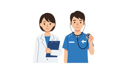 Fototapeta premium Medical professional illustration: Doctor and nurse stand together healthcare concept