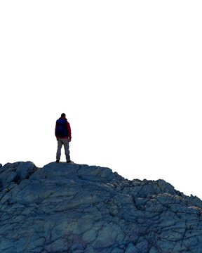 Hiker Standing Alone on Rocky Peak With Backpack Embracing Solitude and Adventure
