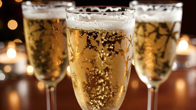 Three champagne flutes with bubbles, golden decor, and soft background lights