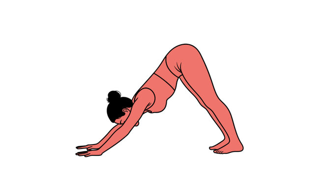A stylized, minimalist illustration depicting a woman in the downward-facing dog yoga pose, executed with a flat, two-dimensional aesthetic and a clean, solid color palette, perfect for heal