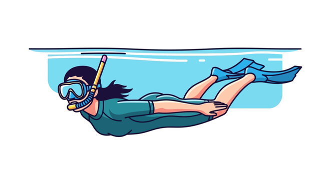 Cartoon depiction of a woman snorkeling underwater, swimming with fins and a mask, in a vibrant, simplified, comic-book style against a light blue, inviting watery context within a minimalis