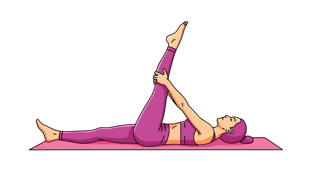 A serene female figure in athletic wear, executing a challenging supine yoga posture, gracefully holding one straightened leg, exuding tranquility on a pink mat for health and wellness
