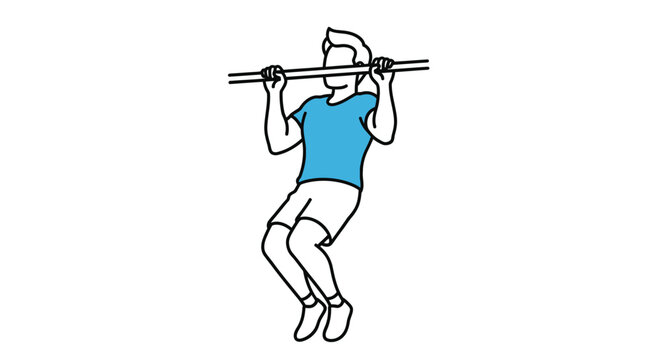 Minimalist line art depiction of a man performing a pull-up exercise on a horizontal bar in a fitness and workout context, showcasing strength training and bodyweight movement.