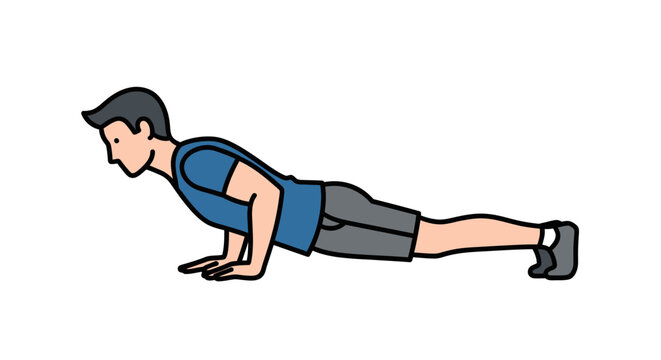 A flat minimalist outline style vector image of an athletic man performing a push-up exercise on a white background, demonstrating fitness and strength training for a workout routine.