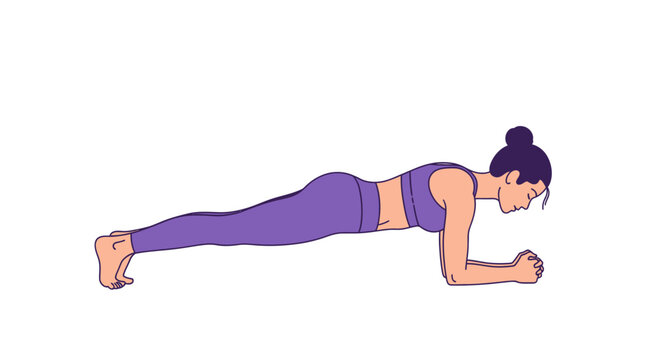 Woman performs core strengthening plank exercise on forearms and toes isolated on white background for fitness routine illustration