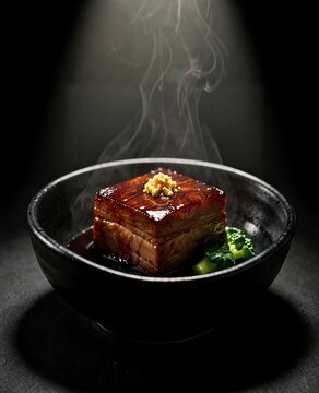 Japanese Kakuni Braised Pork Belly Cube Glistening Soy Glaze in Black Ceramic Bowl Portrait