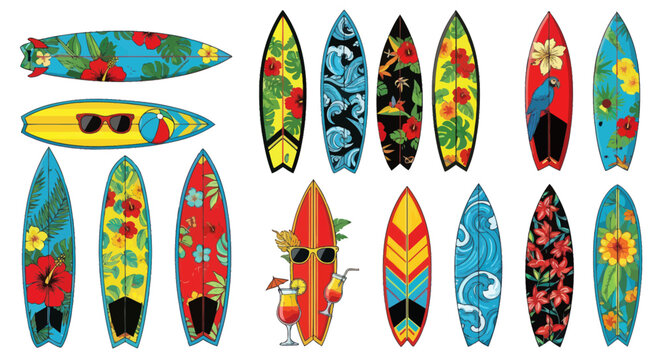Colorful surfboards with tropical designs, sunglasses and cocktails