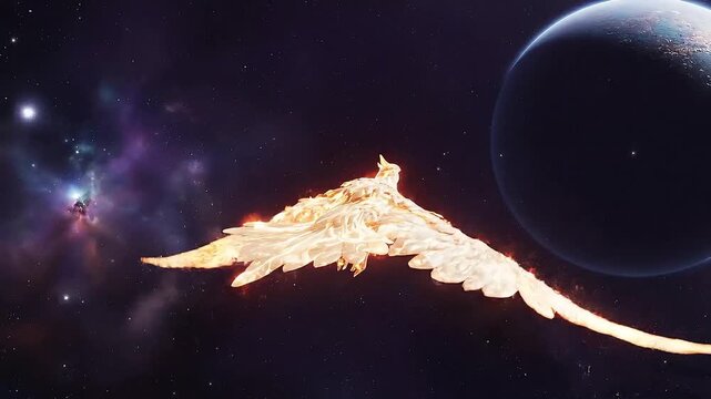 Mythical Phoenix Garuda Bird Flying in Cosmic Space with Planet