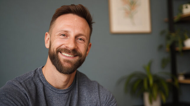 Portrait of a cheerful bearded man smiling confidently in a modern home interior. Natural light highlights his friendly expression and relaxed demeanor, creating a welcoming atmosphere