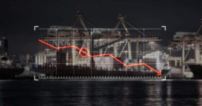 Port operations in Bangkok, Thailand, cranes handling containers on cargo vessel. Highlights active shipping logistics and international trade activity. Dynamic red downward graph of negative trend.