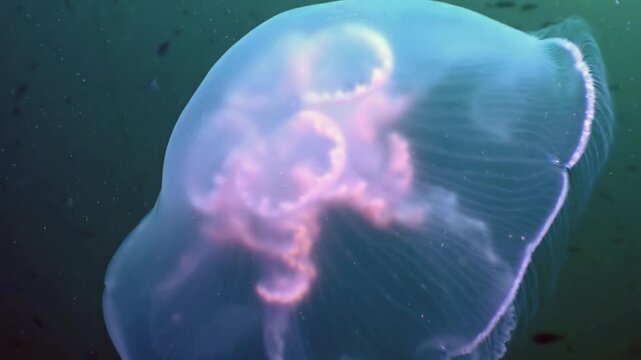 An otherworldly jellyfish drifts serenely, its vibrant inner structures pulsating with a soft glow in the deep, silent realm of the Sea of Japan. A captivating sight.