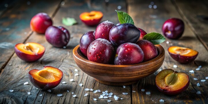 A wooden bowl brimming with ripe, juicy plums, adorned with delicate sugar crystals, sits on a rustic wooden surface, surrounded by halved plums revealing their vibrant, sun-kissed interiors.