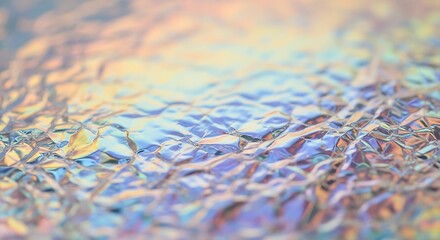 Obraz premium Close-up of crumpled iridescent foil reflecting a spectrum of soft, shimmering colors and light.
