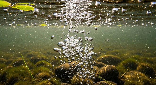 Underwater bubbles rising from rocks in pond