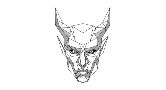 Geometric Low-Poly Devil Face with Horns, 3D Mesh Illustration