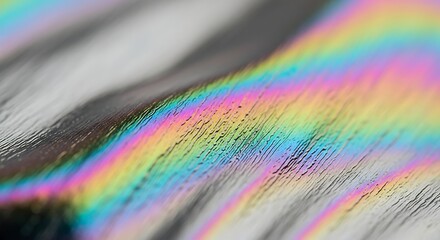 Obraz premium Close-up view of iridescent rainbow colors swirling on a dark, textured surface, possibly oil on water.