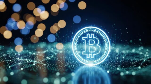 Glowing Crypto Coin Icon Digital Currency Against Dark Blue Background With Bokeh Lights Network Design Finance Blockchain For Financial Articles Presentations
