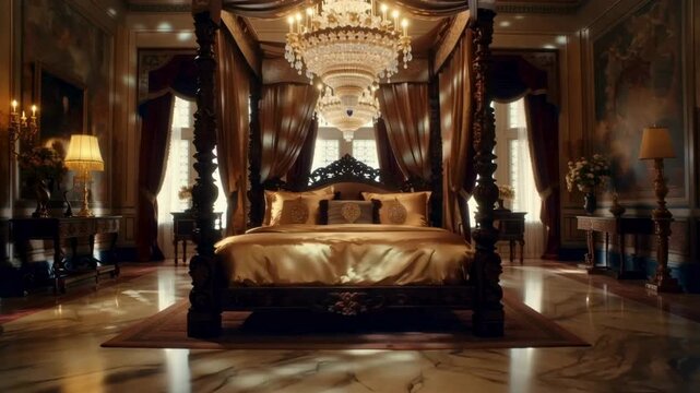 Luxury Royal Bedroom with Golden Silk Bedding. A grand palatial master bedroom featuring a gold canopy bed, massive crystal chandelier, and ornate classical interior design in 4K.
