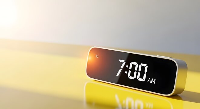 Modern digital alarm clock showing seven AM bathed in morning sunlight