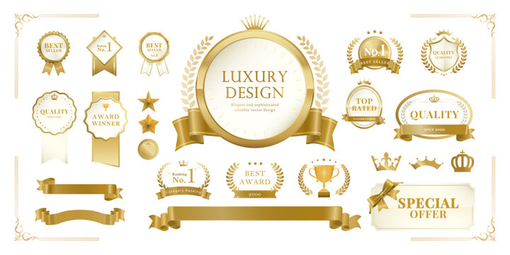 Champagne Gold Award Badge & Label Set &ndash; Ribbon, Laurel Wreath, Crown, Trophy Icons | Premium Luxury Vector