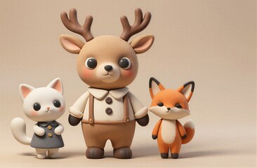 Fototapeta premium Cute clay figurines: deer cat fox standing together on beige
