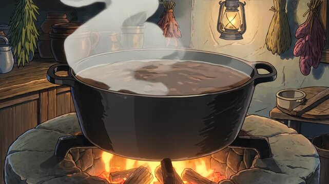 Steaming cauldron of stew on rustic stone hearth in cozy cabin kitchen with hanging herbs and lantern